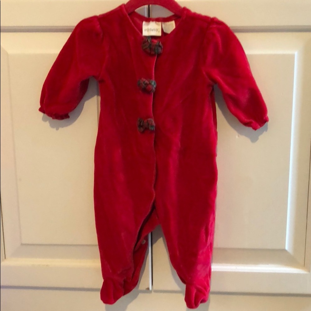 Red velour onesie with green and red plaid bows
